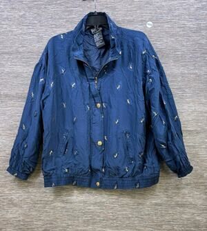 VTG Abvien 100% Silk Bomber Jacket XL Navy Blue Yellow Arrow Print Windbreaker